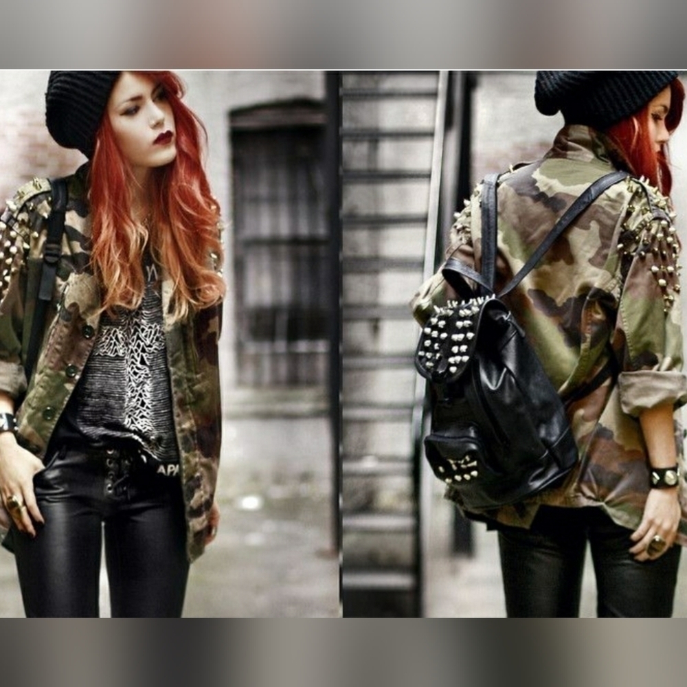Women's Spiked Camouflage Military Jacket, Size M - Picture 4 of 17